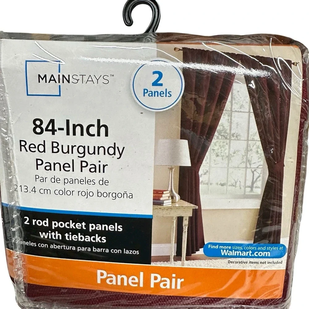 Mainstays‎ Red Burgundy Panel Pair Rod Pocket with Tiebacks 40